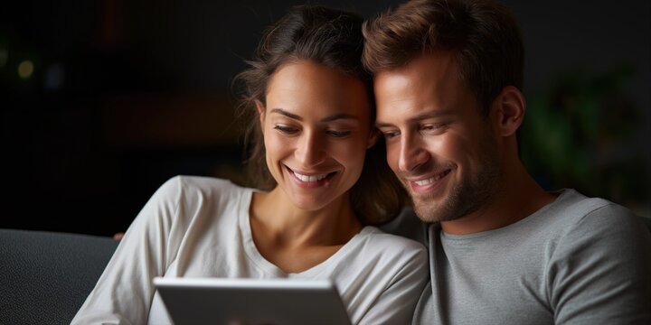 Young caucasian couple relaxing indoors with a tablet device
