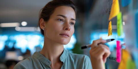 Focused young caucasian female professional brainstorming with post-it notes