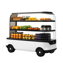 White autonomous delivery robot with fresh produce on transparent background isolated on transparent background