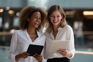 Smiling young women working together on tablets in office environment