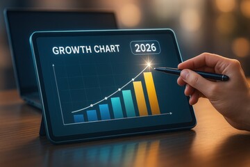 Hand using stylus on tablet displaying 2026 business growth chart with rising analytics bars
