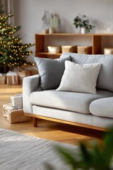 Fototapeta premium Cozy living room with christmas tree and wrapped gifts in minimalist modern home