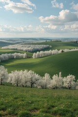 Rolling Hills Covered in Blooming Cherry Blossom Trees Under a Blue Sky