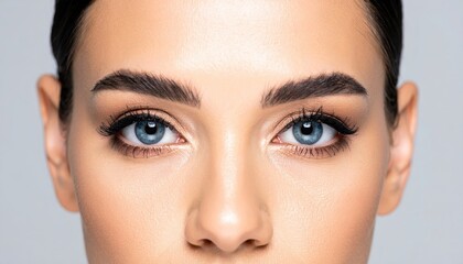 Fototapeta premium Detailed close-up of a woman's eyes showcasing blue eyes and well-groomed eyebrows on a neutral backdrop.