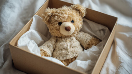 Soft teddy bear wearing knitted sweater resting in a gift box surrounded by crinkled tissue paper on a cozy bed with light fabric backdrop.