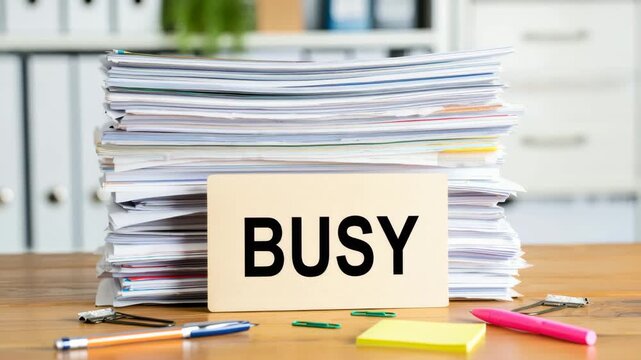 A cluttered office desk features a large sign displaying the word busy. Scattered papers, pens, and sticky notes indicate a hectic work atmosphere