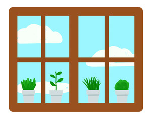 Indoor Plants on Window Sill with Sunny Cloudy Sky View