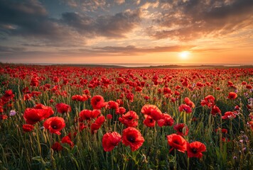 Fototapeta premium Crimson Bloom: Poppy Field at Sunset