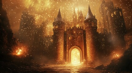 Enchanted Castle Surrounded by Mystical Lights and Fiery Ambiance, Illuminated by a Golden Glow, Creating a Dreamlike Fantasy Landscape Filled with Magic