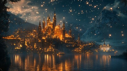 Enchanting Landscape of a Fantasy Castle Illuminated in a Starry Night with Glimmering Reflections on a Serene Lake Surrounded by Majestic Mountains