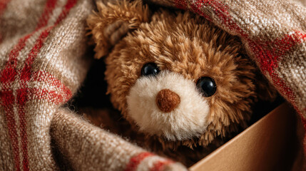 Soft teddy bear nestled in cozy wool blanket, tucked inside a wooden box, warm colors, inviting atmosphere, perfect for children or as a gift, comfort and nostalgia.