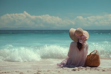Young woman in pink dress sits on sandy beach, gazing at ocean waves. Perfect for travel, summer, and vacation themes.