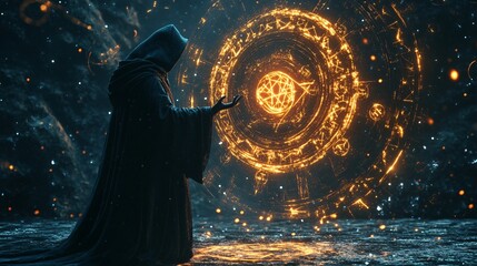 Mystic Sorcerer Casting Enchantment in Dark Realm with Illuminated Sigils and Magical Energy Flowing from Hands against a Mysterious Background