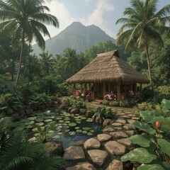Tranquil tropical paradise with lush greenery and serene water garden