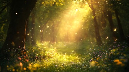 Enchanted Forest Pathway Bathed in Soft Golden Light with Swirling Butterflies and Colorful Wildflowers Amidst Lush Greenery in the Background