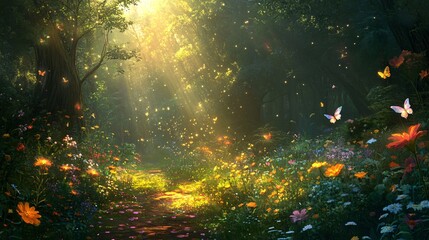 Enchanting Forest Pathway Bathed in Soft Golden Light with Colorful Flowers and Delicate Butterflies in a Serene Natural Landscape