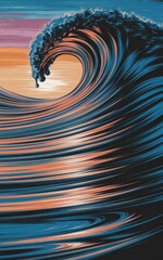 Dramatic Ocean Wave Crashing with Sunset Colors and Textured Surface.