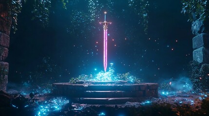 Enchanted Sword Glowing in Magical Forest, Surrounded by Mist and Sparkling Lights, Captivating Fantasy Scene for Adventure and Heroic Themes