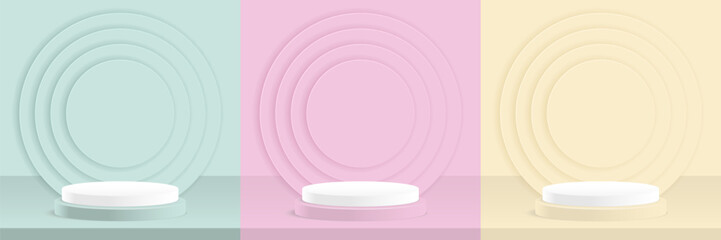 Paper cut of minimal scene with pink peach cylinder podium with pastel wavy layered paper art backdrop for product display on pink background. Product presentation, mock up, show cosmetic. Vector