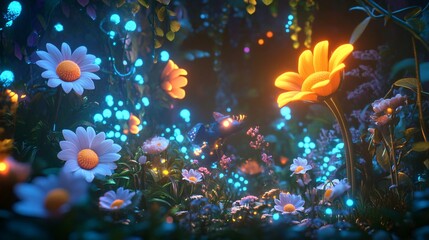 Enchanted Flower Garden with Vibrant Flora and Ethereal Glow Illuminated by Soft Light at Night Creating a Magical Atmosphere