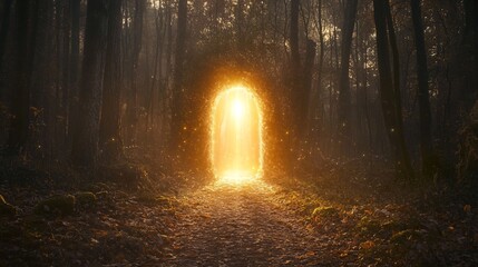 Enchanted Forest Portal with Glowing Light Emanating from Mysterious Archway Surrounded by Lush Greenery and Soft Sunlight Filtering Through Trees