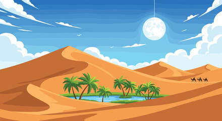 A vibrant pixel art oasis with palm trees and a serene lake in a vast desert landscape under a bright sky.