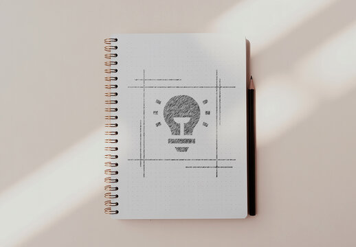 Logo Mockup on Spiral Notebook with Pencil and Soft Sunlight