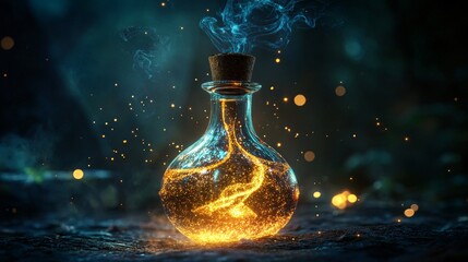 Enchanted Potion Bottle with Ethereal Glow and Sparkling Lights in Mystical Forest Setting Capturing Magic and Wonder of Alchemical Mysteries