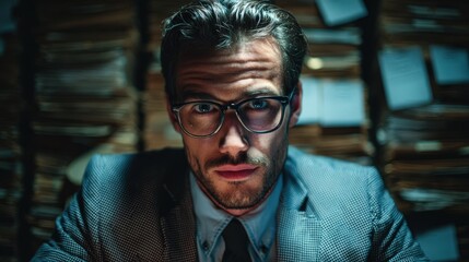 Serious businessman in office, working late. Ideal for business, corporate, and website uses.