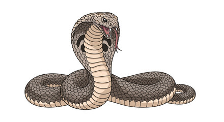 Fototapeta premium An illustrated venomous cobra snake with its hood flared and mouth open in a defensive posture.