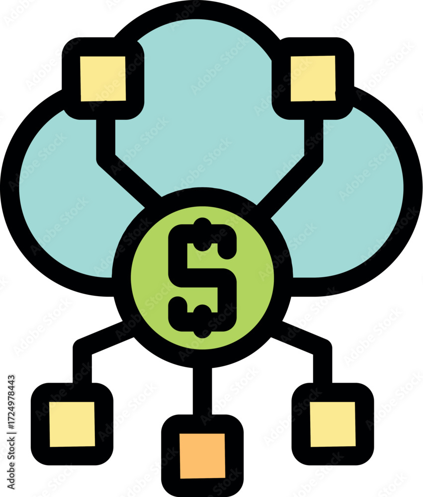 Poster cloud computing managing online money transaction system with dollar symbol and related network