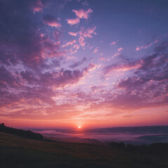 Colorful sunset over rolling hills with vibrant clouds reflecting shades of pink, purple, and orange illuminating the sky during the transition from day to night.