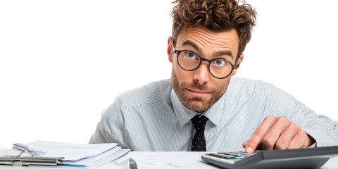 Focused businessman using a calculator at his desk, reviewing financial documents. Ideal for business, finance, and website use.