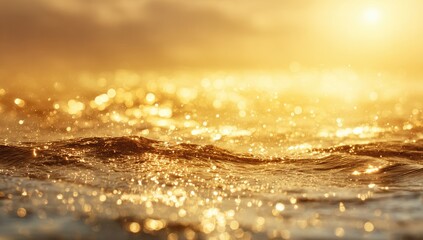 Golden sunlit water surface.  Blurred waves, shimmering with golden light