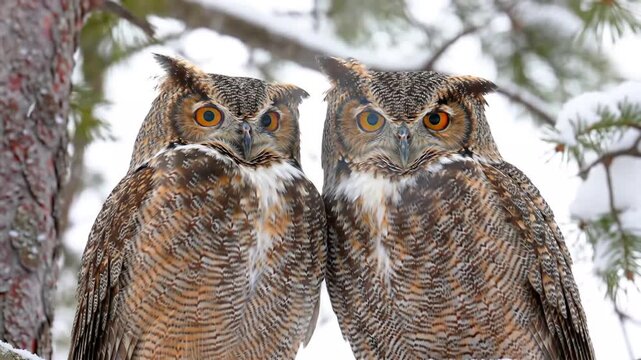 Two Great Horned Owls with bright orange eyes perched in a snowy pine tree forest