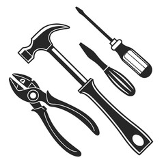 Collection of essential hand tools including a hammer pliers and two screwdrivers isolated on white