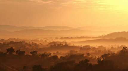 Golden sunset casting warm hues over rolling hills with mist rising from tree-covered landscape, creating a tranquil atmosphere for peaceful reflection and nature appreciation.