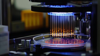 DNA strand analysis using high-tech scanning and data processing equipment in a laboratory setting, dna strand over scope scanning and data processing - Powered by Adobe