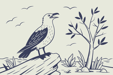 Monochrome Bird Perched on Log in Dry Landscape Vector