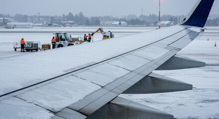 Airplane wing view with ground crew working in winter weather  