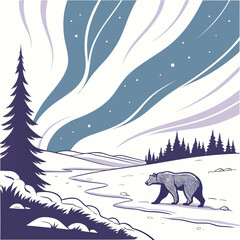 A solitary bear walks across a snowy landscape under the majestic glow of the aurora borealis © Shahin