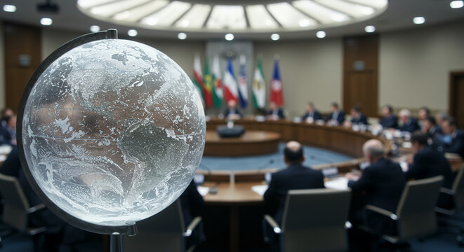 Globe in focus during international conference with officials seated  