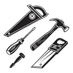 Collection of classic woodworking and construction tools including a handsaw hammer screwdriver nail and utility knife