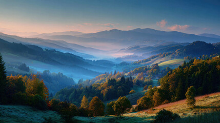 Majestic mountain landscape during sunrise with misty valleys, vibrant autumn foliage, rolling hills, and a tranquil atmosphere, showcasing nature's breathtaking beauty.