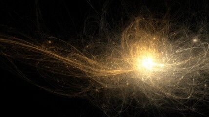 Ethereal Golden Light Emitting from a Central Point, Creating Intricate Swirls and Patterns in a Dark Background, Representing Cosmic Energy and Vibrant Movement