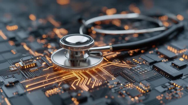 This visual highlights the intersection of healthcare and technology, showcasing a stethoscope on a circuit board. It emphasizes innovation in medical practices and tools