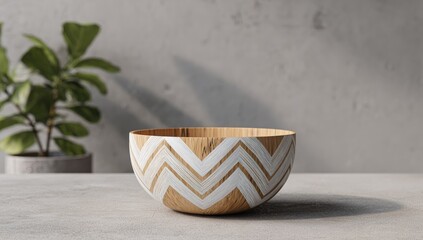 Wooden bowl with chevron pattern, light wood and white paint, sits on a grey surface near a small plant