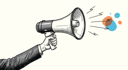 Announcing important news and spreading the word using a megaphone and abstract shapes.
