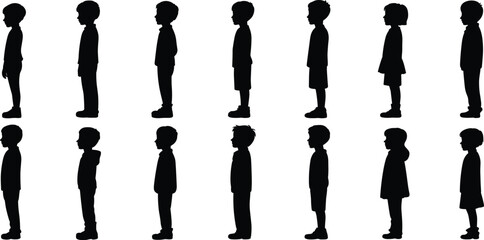 Children Silhouettes in Profile View, Standing Poses, Black Outline Vector, Youth Posture Study, Side-Facing Kids, Development Illustration