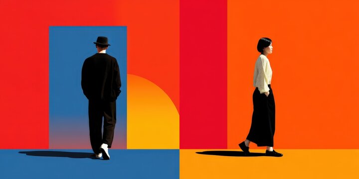 Stylish man and woman walking away from each other against vibrant color blocks. Ideal for fashion, design, and lifestyle projects.